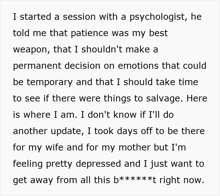 Man shares feelings of depression and conflict about wife's ultimatum over sick mom