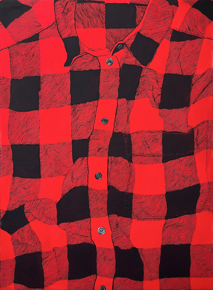 Striking portrait of identity with a red and black buffalo check pattern shirt with a pocket and buttons.