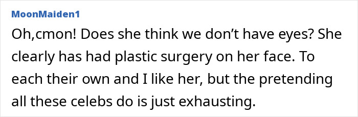 Screenshot of a user comment asserting Jennifer Lawrence clearly had plastic surgery and criticizing celebrity pretense.