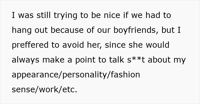 Screenshot of text: Detailing a GF's dislike for a rude person, aligning with the mean feeling towards drunk women. Screenshot of text: Detailing a GF's dislike for a rude person, aligning with the mean feeling towards drunk women.