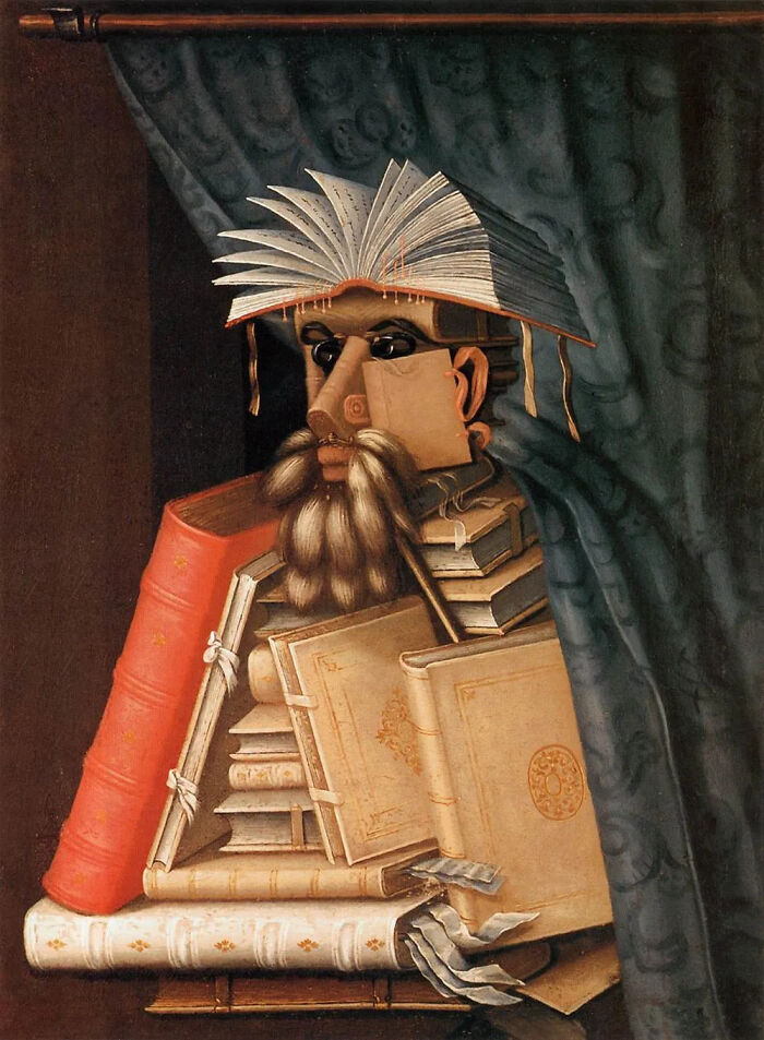 A famous painting of a bust portrait, composed entirely of books, with an open book as a hat, a strange composition.