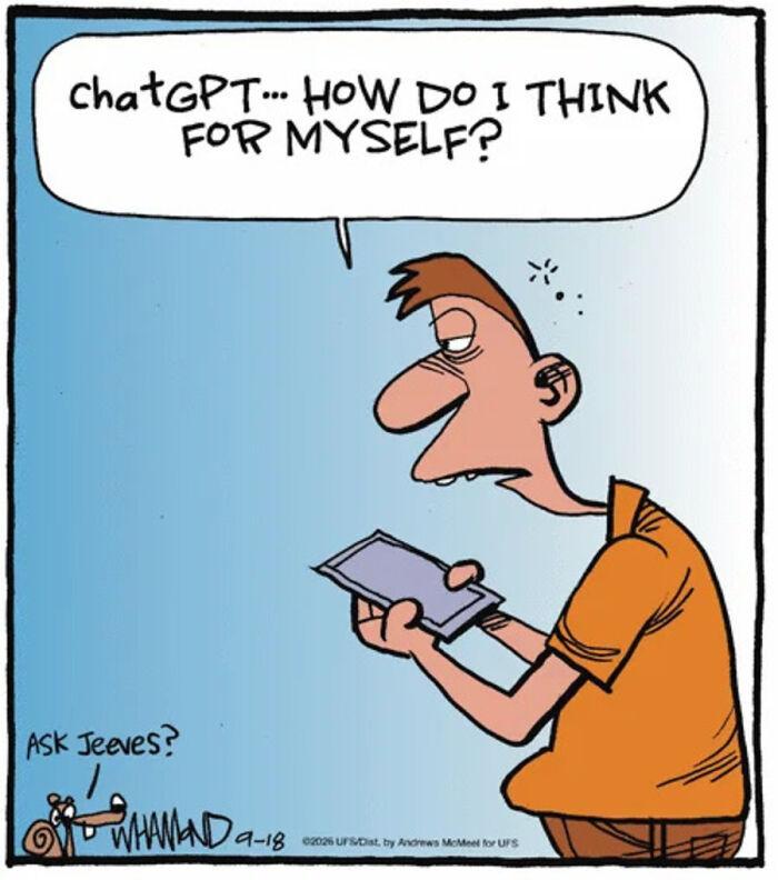 Person asks chatGPT how to think for themselves in Dave Whamond cartoon