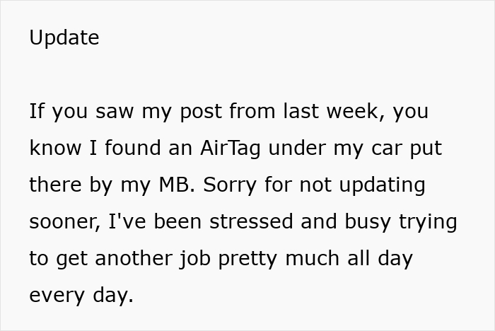 An online update from a nanny who found an AirTag under her car and is looking for a new job