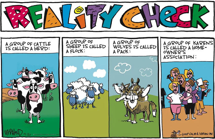 Reality check on groups of animals and Karens in comics by Dave Whamond