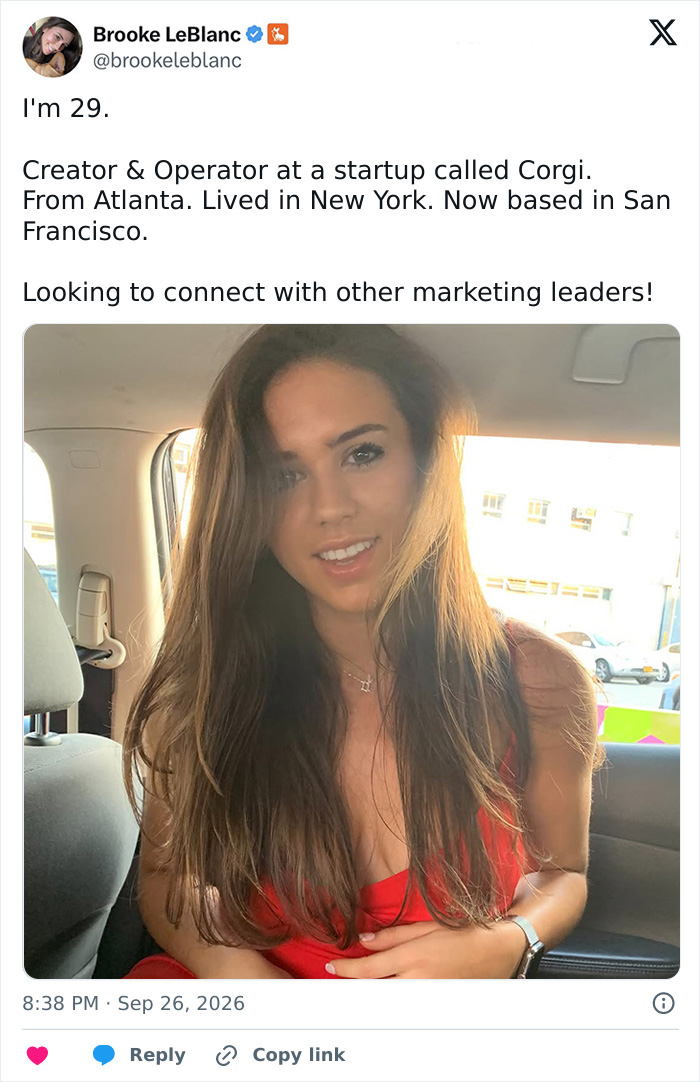 Social media post by startup creator Brooke LeBlanc featuring selfie inside car