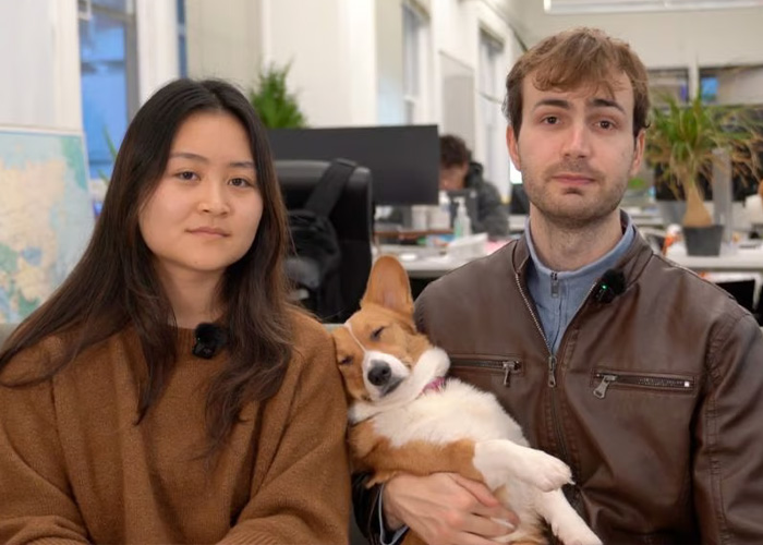 Two employees at corgi tech startup with a corgi dog in an office setting