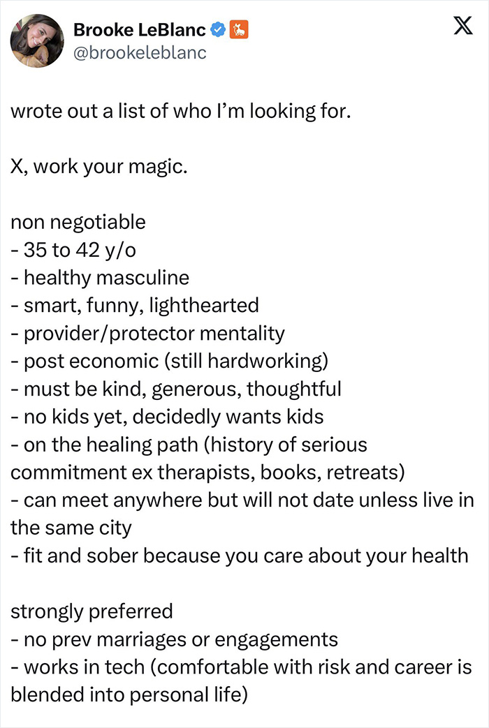Screenshot of Brooke LeBlanc's detailed dating preferences list for startup employees