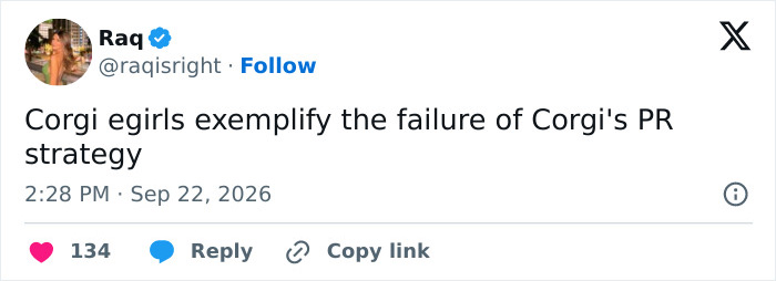 Tweet highlighting failure of Corgi PR strategy with egirls