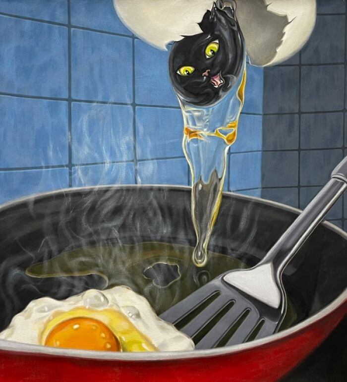 A black cat with yellow eyes emerging from a cracked egg into a frying pan with an egg, creating a surreal moment.