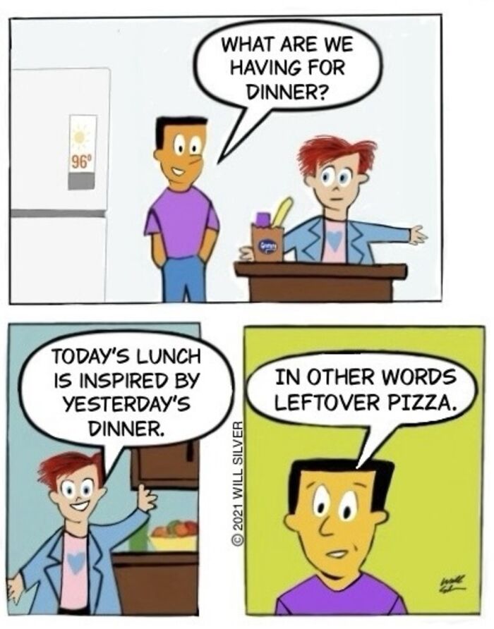 A Will Silver comic where two people discuss dinner, which turns out to be leftover pizza.