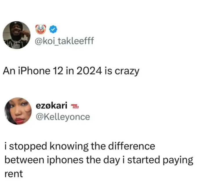 A relatable meme for adults about the struggle of distinguishing iPhones after starting to pay rent.