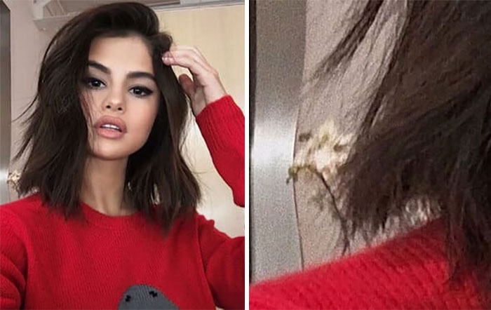 Selena Gomez with a noticeable background distortion, a Photoshop fail that exposed celebrities.