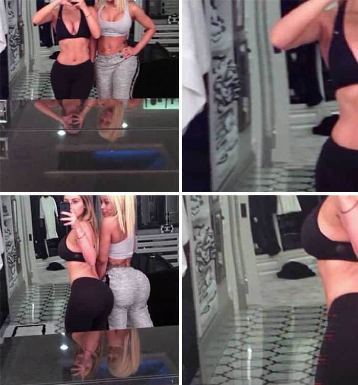 Image shows two women posing, highlighting a Photoshop fail that exposed celebrities.