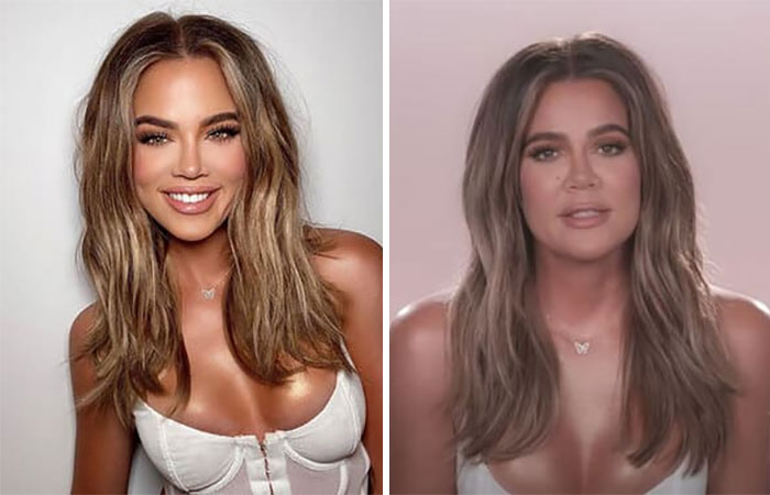 Khloe Kardashian before and after a Photoshop fail, exposing the celebrity's true appearance.