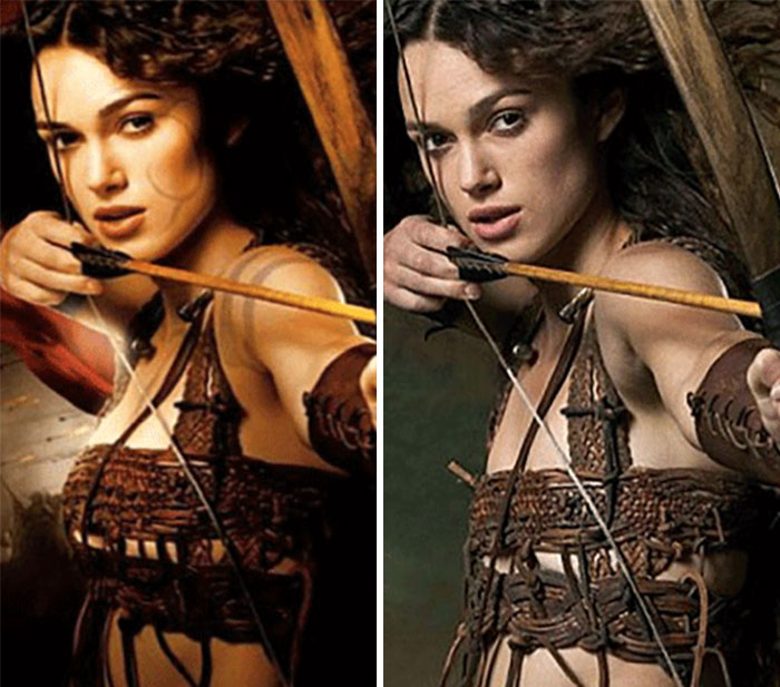 Keira Knightley in a movie poster next to her unretouched photo, exposing a celebrity Photoshop fail.