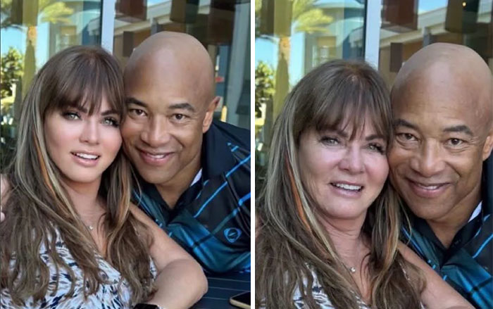Two images side-by-side, revealing a celebrity Photoshop fail on a woman's face.