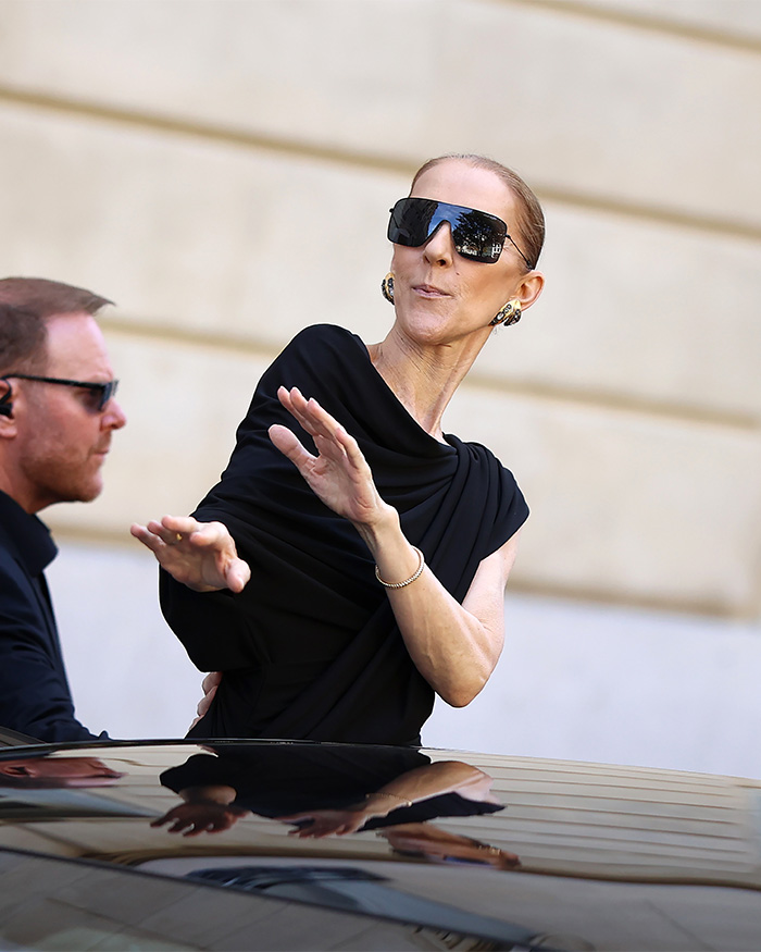 Celine Dion wearing black outfit and sunglasses during comeback events Celine Dion wearing black outfit and sunglasses during comeback events