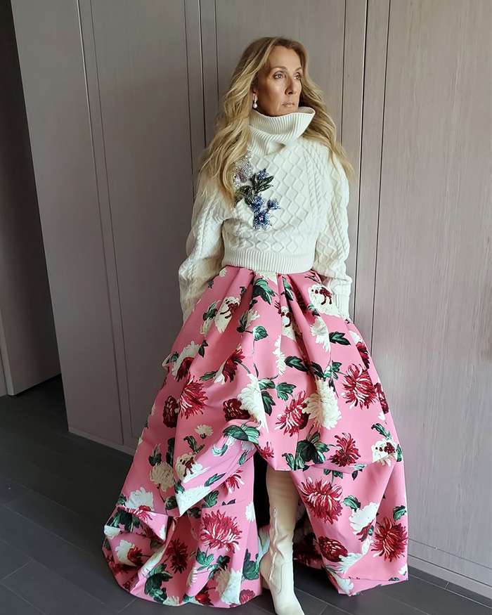 Celine Dion in stylish floral skirt and white sweater during comeback photoshoot Celine Dion in stylish floral skirt and white sweater during comeback photoshoot