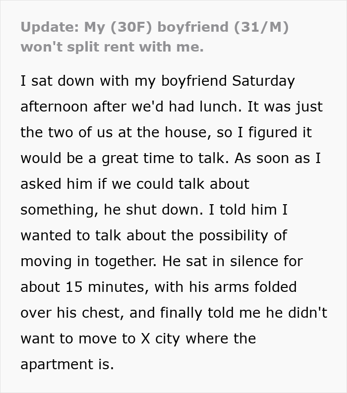 An update about a jobless BF refusing to split rent or move in together.