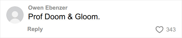 A comment by Owen Ebenezer stating, Prof Doom & Gloom., related to Chinese Nostradamus predictions for 2027.