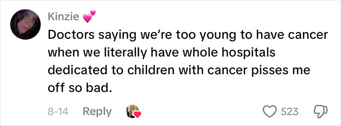 A social media comment from Kinzie about young people getting cancer, after a woman's altitude sickness was rare cancer. A social media comment from Kinzie about young people getting cancer, after a woman's altitude sickness was rare cancer.