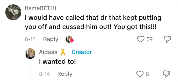 A social media comment from ItsmeBETH! encouraging a woman whose altitude sickness turned out to be rare cancer. A social media comment from ItsmeBETH! encouraging a woman whose altitude sickness turned out to be rare cancer.