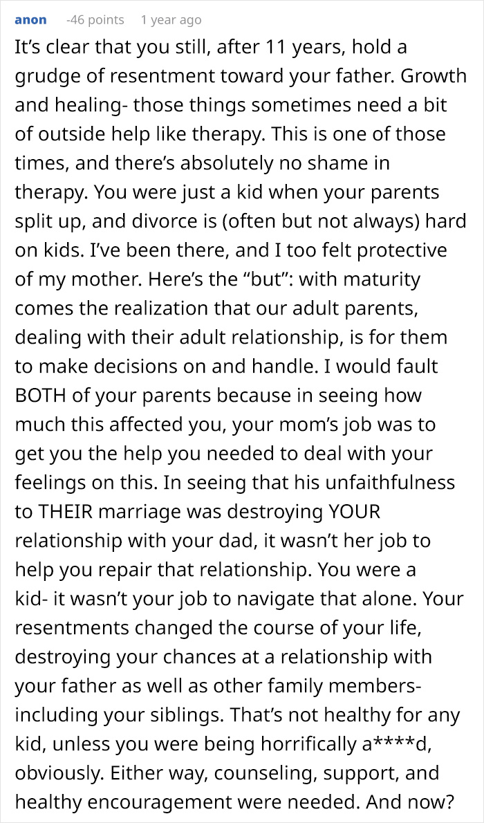 A Reddit comment details how the OP's resentment towards their father affects not saving half-siblings from foster care.