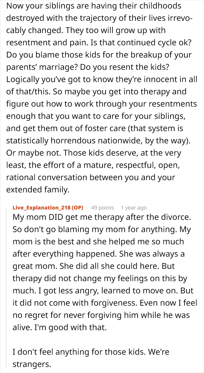 A Reddit comment section displays a user's perspective on the OP's half-siblings in foster care, with the OP's reply.