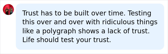 Social media comment criticizing a partner using a lie-detector test due to extreme jealousy. Social media comment criticizing a partner using a lie-detector test due to extreme jealousy.