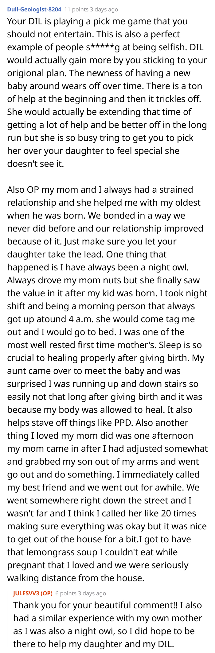 Reddit comment thread discussing family dynamics of a MIL staying with her daughter and twin newborns abroad. Reddit comment thread discussing family dynamics of a MIL staying with her daughter and twin newborns abroad.