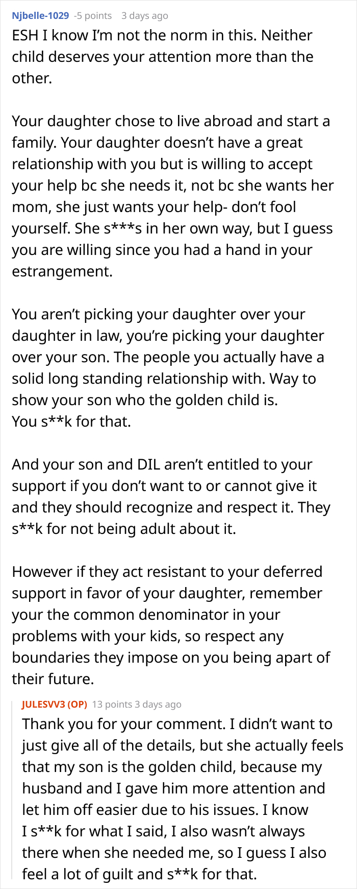 A screenshot of a forum user's comment debating if MIL favors her daughter and twin newborns. A screenshot of a forum user's comment debating if MIL favors her daughter and twin newborns.