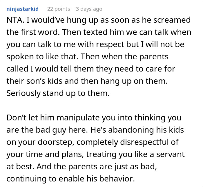 Reddit user comment criticising a dad who dumps kids on a porch and treats his family like free babysitting. Reddit user comment criticising a dad who dumps kids on a porch and treats his family like free babysitting.
