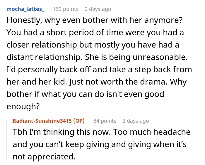 Reddit comment advising the woman to back off from her stepsister's kid and avoid drama.