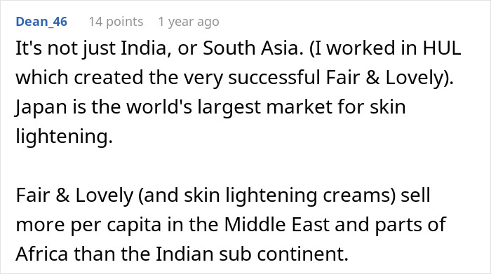Screenshot of a comment discussing the cultural implications and heated backlash of skin lightening products globally. Screenshot of a comment discussing the cultural implications and heated backlash of skin lightening products globally.