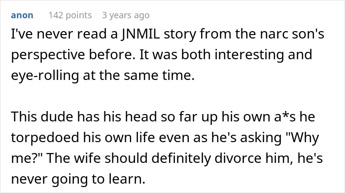 Comment reflecting on a son's perspective in a marriage involving a sick mom