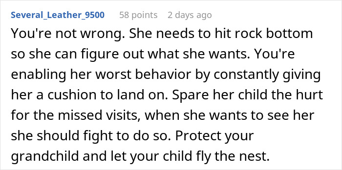 A comment suggests parents protect their grandchild by letting their daughter hit rock bottom due to her toxic boyfriend. A comment suggests parents protect their grandchild by letting their daughter hit rock bottom due to her toxic boyfriend.
