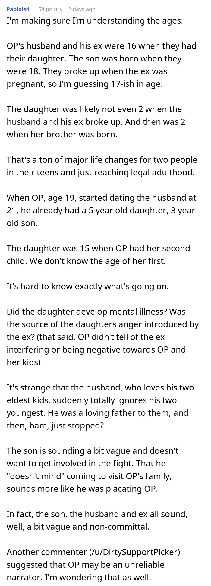 A comment discussing the complex family timeline regarding a stepmom and her husband.