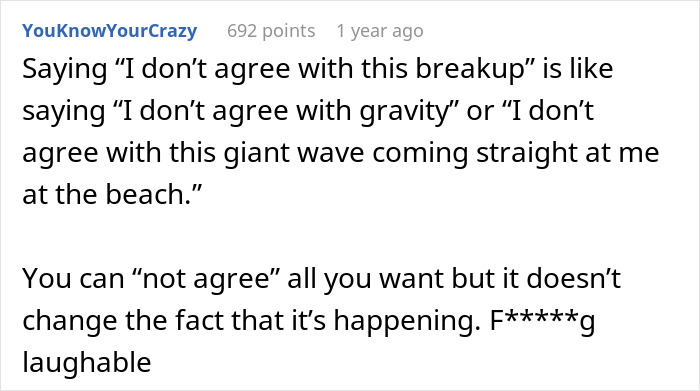A Reddit user explains that not agreeing with a breakup is futile, comparing it to gravity or a wave, regarding a woman's boyfriend leaving. A Reddit user explains that not agreeing with a breakup is futile, comparing it to gravity or a wave, regarding a woman's boyfriend leaving.