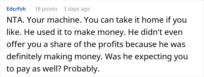 User explaining that the coworker made money without sharing profits from the office coffee machine.