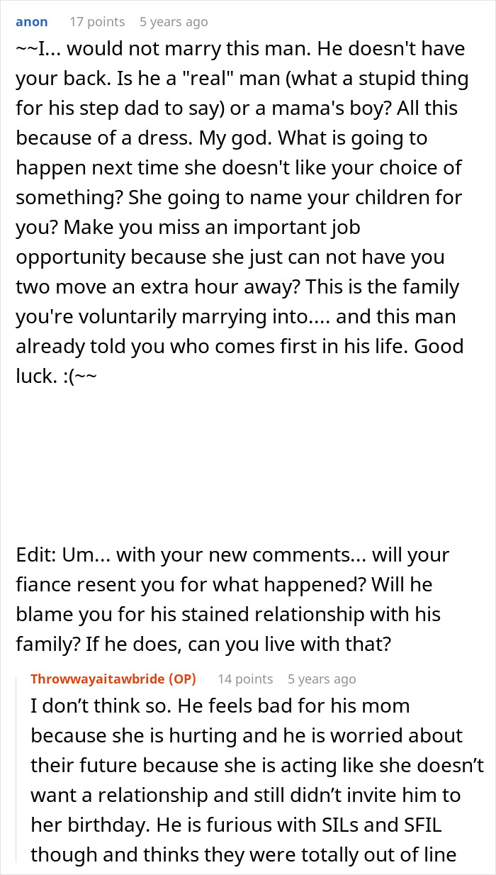 Wedding dress dilemma: comments on a groom caught between a bride and MIL regarding a wedding dress. Wedding dress dilemma: comments on a groom caught between a bride and MIL regarding a wedding dress.