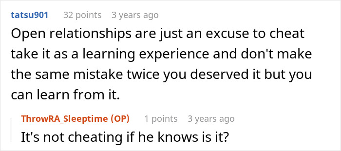 Online discussion comment on whether open relationship is an excuse to cheat. Online discussion comment on whether open relationship is an excuse to cheat.