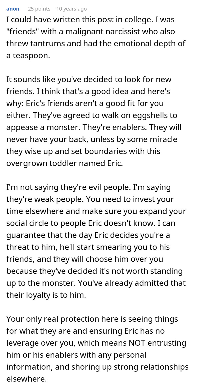A detailed comment about a guy who needs a GF and a weight-loss coach, describing Eric as a malignant narcissist. A detailed comment about a guy who needs a GF and a weight-loss coach, describing Eric as a malignant narcissist.