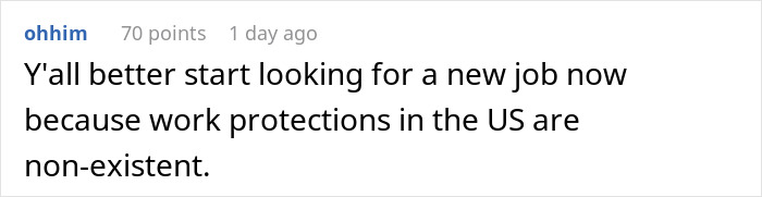 A comment about work protections in the US being non-existent, relating to an employee's home office approval by HR. A comment about work protections in the US being non-existent, relating to an employee's home office approval by HR.