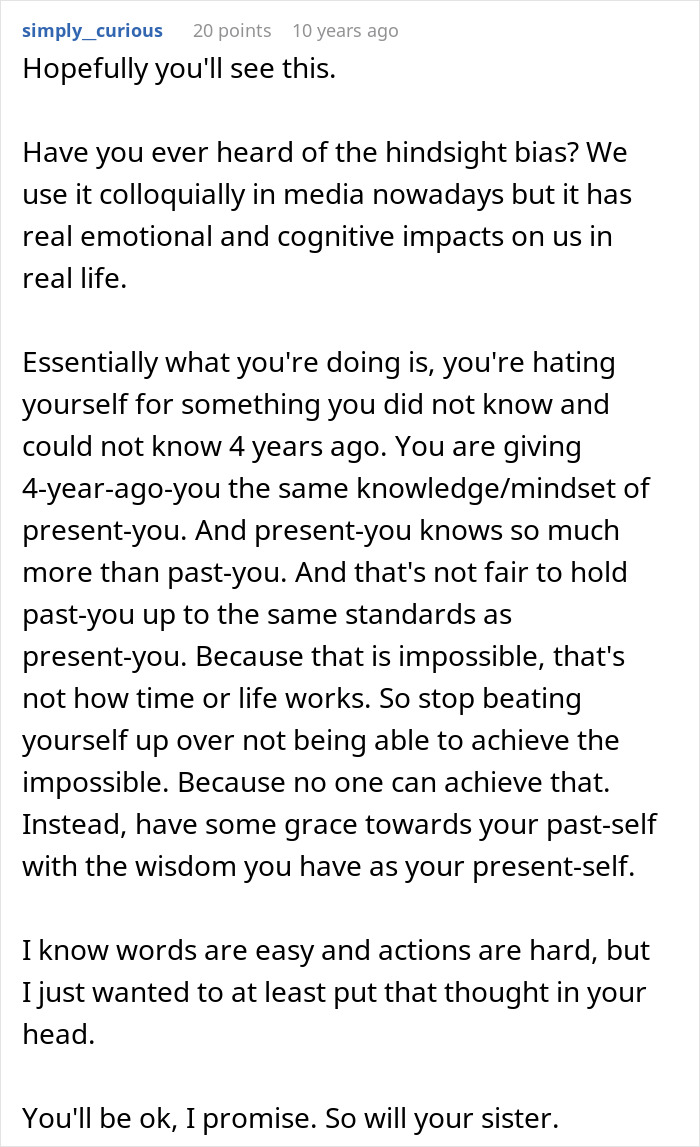 Online comment explaining hindsight bias in a discussion about a sister who gives brother part of her liver Online comment explaining hindsight bias in a discussion about a sister who gives brother part of her liver