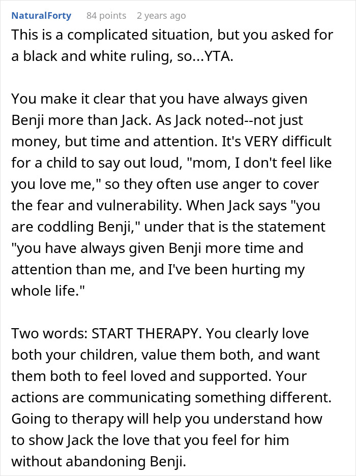 A comment suggesting therapy to address the complicated inheritance situation and ensure both sons feel loved. A comment suggesting therapy to address the complicated inheritance situation and ensure both sons feel loved.