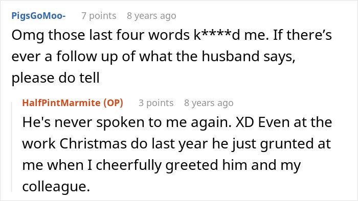 A comment reacting to the husband's response after the revenge family photos, with the original poster replying. A comment reacting to the husband's response after the revenge family photos, with the original poster replying.
