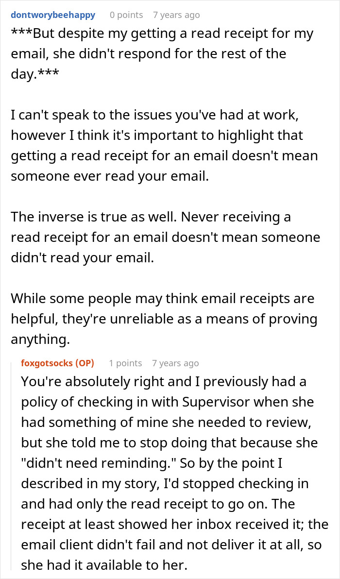 A comment discussing email read receipts and how they dont always prove an email was seen, relating to employee issues. A comment discussing email read receipts and how they dont always prove an email was seen, relating to employee issues.