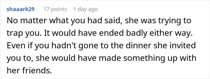 A comment from shaaark29 stating that the bride was trying to trap the groom's female bestie, ending badly either way. A comment from shaaark29 stating that the bride was trying to trap the groom's female bestie, ending badly either way.