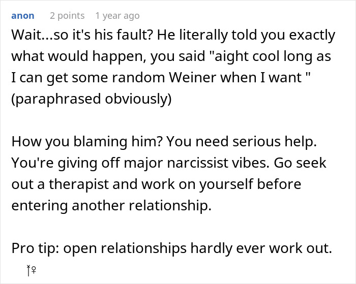 Comment criticizing open relationship regret and giving advice that open relationships rarely work out Comment criticizing open relationship regret and giving advice that open relationships rarely work out