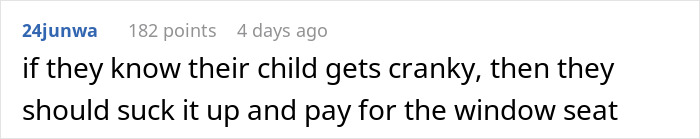 A screenshot of a Reddit comment advising to pay for an airplane window seat if a child is cranky. A screenshot of a Reddit comment advising to pay for an airplane window seat if a child is cranky.